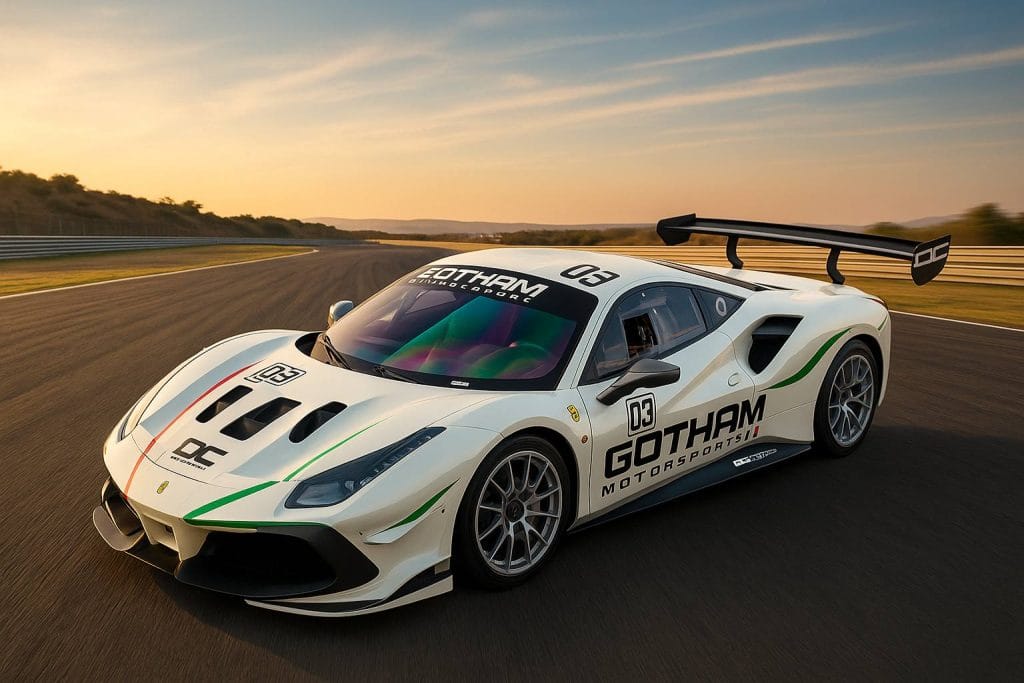 The Gotham Motorsports Ferrari livery on track at sunset